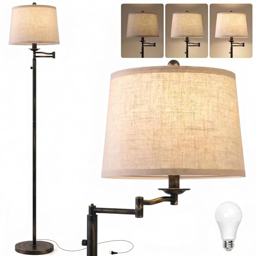 Ruiever Dimmer LED Floor Lamp,Tall Standing Lamp with Swing Arm,Black Gold Hand Brushed Lamp with Dimmer LED Bulb,Elegant Floor Lamp for Living Rooms & Bedroom (Black Gold Old Brushed) - color: Old Brushed