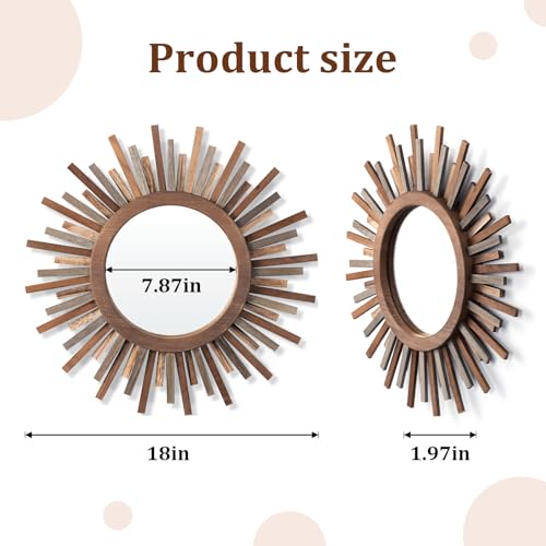 18 Inch Boho Sunburst Mirror, Decorative Rustic Farmhouse Wall Decor for Living Room, Bedroom, Bathroom, Hallway - Tricolor Wood Frame - color: Trilcolor, size: 18"L x 18"W