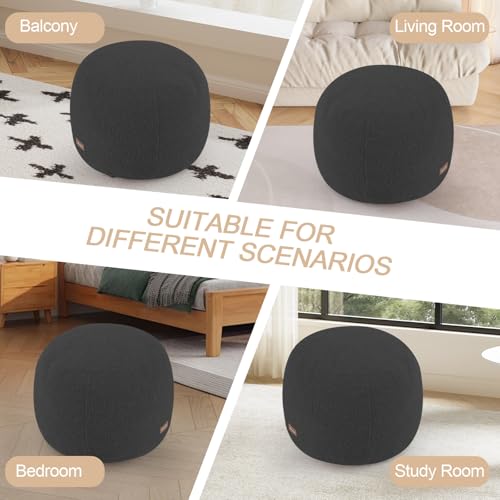 MeMoreCool Round Pouf Ottoman – 20x20x15 Inch Stuffed Footrest with Foam Filling, Dark Grey Small Circle Footstool for Living Room | Soft Teddy Fleece Cover | Washable Compact Floor Pouf - color: Teddy Dark Grey