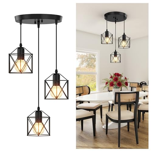 3 Light Pendant Lighting, Farmhouse Hanging Light Fixture for Kitchen Island & Dining Room, Industrial Vintage Ceiling Lamp with E26 Base, Adjustable Height, Matte Black - color: Round Base Metal Pendant - 3-Light (Black)