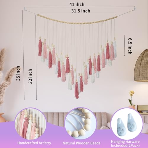 Pink&White Large Macrame Wall Haning Boho Decor,Blush Pink Tassel Wall Decor Bohemian, Pink Bedroom Living Room Girls Room Décor Nursery Dorm Decoration Boho Gift for Girls Woman Gifts - color: Blush Pink, Lights Pink, White