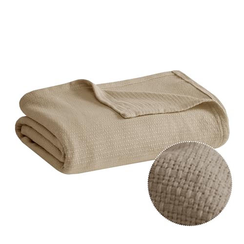 Madison Park Freshspun Basketweave Luxury Cotton Blanket Khaki 108x90" King Size Basketweave Premium Soft Cozy 100% Cotton For Bed, Couch or Sofa - color: Khaki, size: King