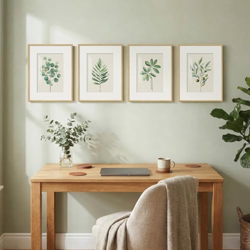 Framed Sage Green Botanical Wall Art for Bathroom, 4 Piece Farmhouse Minimalist Plant Artwork for Walls, Boho Green White Leaf Pictures Prints for Bedroom Kitchen Living Room Wall Decor, 11x14 Inch - color: Green and White, size: 11" W x 14" H x 4pcs