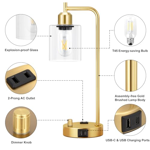 Innqoo Industrial Table Lamp for Bedroom Set of 2 - Fully Dimmable Bedside Lamps with USB Ports and Outlet, Gold Nightstand Lamps with Clear Glass Shade for Living Room, Desk Lamps for Office Reading - color: Clear Glass&Gold Base