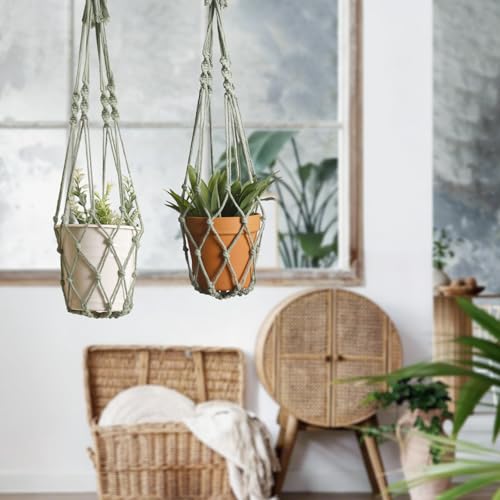 Artilady Macrame Hanging Planter for Indoor Plants, Boho Woven Plant Hanger Large Hanging Flower Pot Holders Outdoor Baskets Storage No Tassels Sage Green Wall Decor (Sage Green-2pcs) - color: Sage Green-2pcs