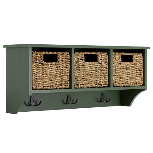 SAFAVIEH Home Collection - Finley Dusty Green Wall Mounted 3-Basket Storage Rack with Hooks & Seagrass Baskets (HAC5700G) - color: Dusty Green