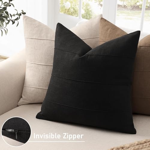 ZWJD Decorative Linen Throw Pillow Covers 18x18 Set of 2 Solid Handcrafted Striped Cushion Covers for Bed Soft Modern Farmhouse Neutral Pillowcase for Couch Bedroom Living Room Home Decor(Black) - color: Black, size: 18" x 18" (Pack of 2)