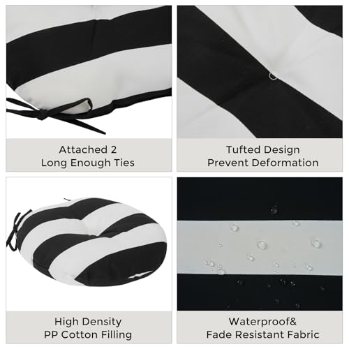 Bistro Chair Cushions 15 inch,Set of 2,Tufted Round Chair Cushions with Ties,15"x15"x4",Water Resistant Round Seat Cushion for Barstool Chairs,Patio Garden Kitchen Outdoor Furniture(Black and White) - color: Black White, size: 15"x15"