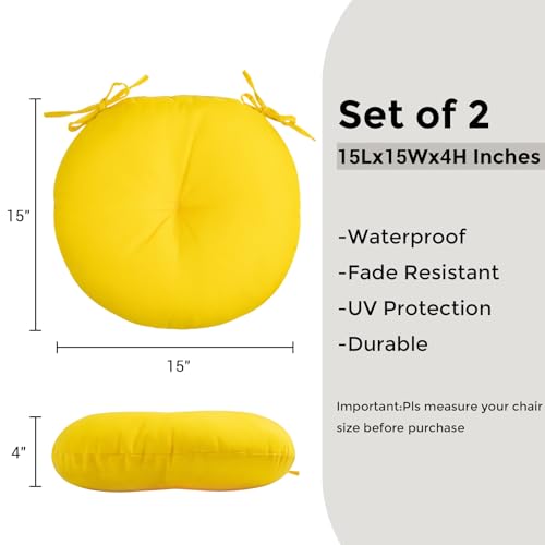 FUNHOME Bistro Chair Cushions 15 inch,Set of 2,Tufted Round Chair Cushions with Ties,15"x15"x4",Water Resistant Round Seat Cushion for Barstool Chairs,Patio Garden Kitchen Outdoor Furniture(Yellow) - color: Yellow, size: 15"x15"