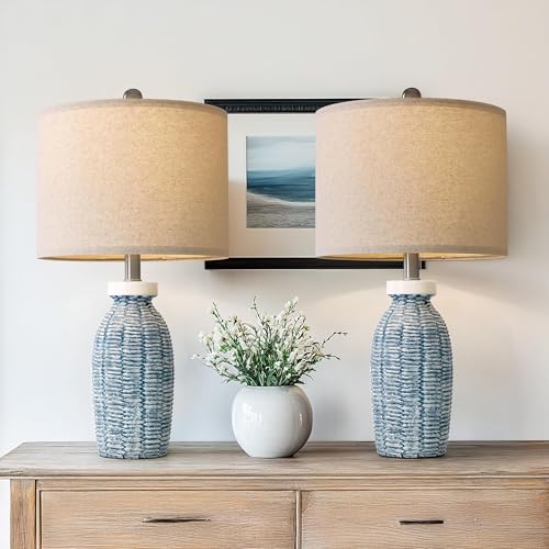G-SAFAVA 22.75" Table Lamps for Bedroom Living Room Boho Lamp Set of 2 Farmhouse Lamp Bedside Nightstand Small Rustic Vintage Retro Modern Table Lamp Light Home Office Desk Deco Gifts, Blue - color: Blue