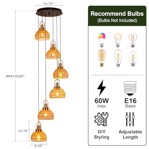 Modern Boho Gold Rattan Pendant Light 6-Lights Vintage Farmhouse Rattan Pendant Light Fixture Hand Woven Golden Bamboo Wicker Pendant Lights for Kitchen Stairwell, Entryway, Living Room - color: Gold 6-Lights