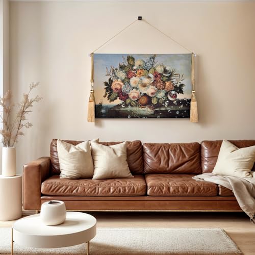 AureoMadis Vintage Floral Tapestry Wall Hanging Set with Telescopic Rod & Tassels - Jacquard Woven Fabric Aesthetic Flower Wall Tapestries for Bedroom/Living Room Decor Spring Botanical Art (27"x42") - color: Vividly - hued, bouquet by the seaside
