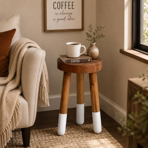 Teak 11.8" Round Dip Dyed Teak Stool | Wood Accent Side Table | Wood Plant Stand (20" Tall White) - color: 20" Tall White