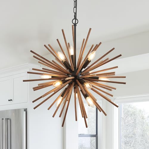 23.6" Farmhouse Sputnik Chandelier for Dining Room Rustic Handmade Natural Wood 12-Light Hanging Ceiling Pendant Light Fixture Starburst Wood Chandeliers for Kitchen Bedroom Foyer Hallway - size: Diameter 23.6", 12-Light