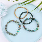 Bohemian Natural Stone Beaded Bracelets for Women Men Stackable Stretch Beads Bracelet Set with Charm and Tassel Multilayered Elastic Gemstone Bracelets Summer Beach Boho Jewelry Gift for Women - color: African Turquoise Green