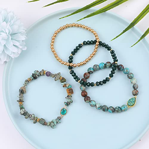 Bohemian Natural Stone Beaded Bracelets for Women Men Stackable Stretch Beads Bracelet Set with Charm and Tassel Multilayered Elastic Gemstone Bracelets Summer Beach Boho Jewelry Gift for Women - color: African Turquoise Green