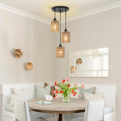 LAMSU 3 Lights Rattan Pendant Light, Farmhouse Dining Room Light Fixtures Ceiling Hanging, Boho Pendant Lighting with Hand Woven Wicker Shades for Kitchen Island Living Room Bedroom Foyer Hallway - size: 3 Lights
