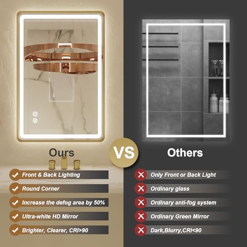 20"x 28" Gold Framed LED Mirrors for Bathroom, Wall Mounted Lighted Bathroom Vanity Mirror, Front and Backlight, Stepless Dimmable, 3 Colors, Anti-Fog, Memory, Smart Touch Button - color: Gold, size: 20"L x 28"W
