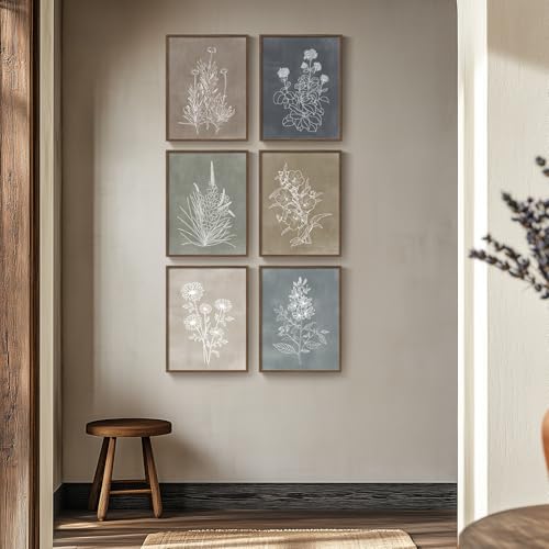 Framed Boho Botanical Wall Art for Living Room, 6 Piece Modern Farmhouse Neutral Floral Canvas Painting Prints, Minimalist Vintage Flower Plants Line Artwork for Bedroom Hallway Wall Decor, 11x14 In - color: Neutral - Walnut Framed, size: 11" W x 14" H x