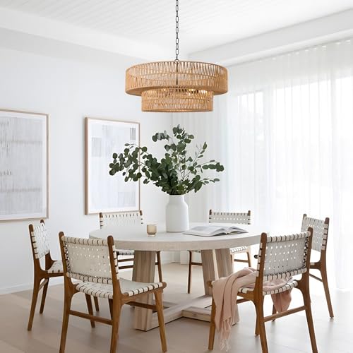 26 Inch Boho Rattan Chandelier, 6-Lights Hand Woven Bohemian Chandeliers with 2-Tier Drum Wicker Shade, Modern Farmhouse Large Pendant Light Fixture for Dining Room Living Entryway Bedroom - color: Black Metal, size: 26 Inch
