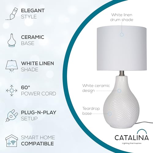 Catalina Lighting Ceramic Table Lamp for Office, Living Room, Dorm or Bedroom, Smart Home Compatible, Bulb Not Included, 18", White
