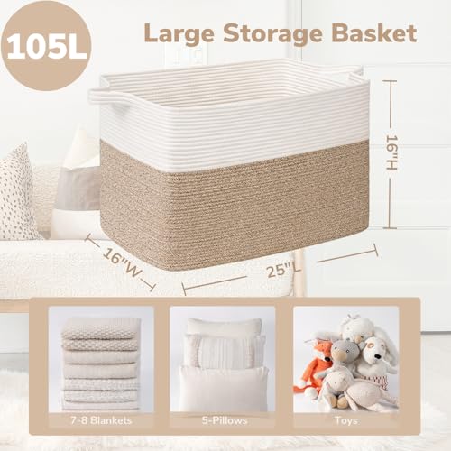 Goodpick Large Woven Blanket Basket 105L, 25"x16"x16" Cotton Rope Organizer for Toys, Dirty Clothes, Extra Large Rectangle Storage Basket for Living Room, Bedroom, White & Brown - color: White & Light Brown, size: XX-Large(25"L x 16"W x 16"H)