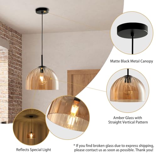 Modern Dome Pendant Lighting Fixture Kitchen Island, 11.8 Inch Large Boho Chandelier, Rustic Farmhouse Industrial Hanging Lamp Ceiling Lights with Amber Glass Bell Lampshade - color: Amber, size: 30CM