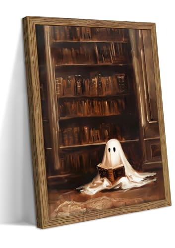 Framed Vintage Library Ghost Wall Art - Ghost Reading Canvas Print Halloween Decor, Gothic Victorian Dark Academia Halloween Wall Decor for Bedroom Office 12x16 inch Wood Frame - color: Ghost, size: 16"L x 12"W