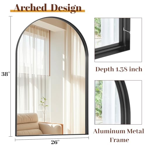 26" x 38" Luxury Arched Bathroom Mirror - Arch Wall Mirror with Shatterproof Tempered Glass and Metal Deep Frame, Hanging or Leaning for Living Room, Dresser, Entrance and Hallway, Black - color: Black, size: 38"L x 26"W