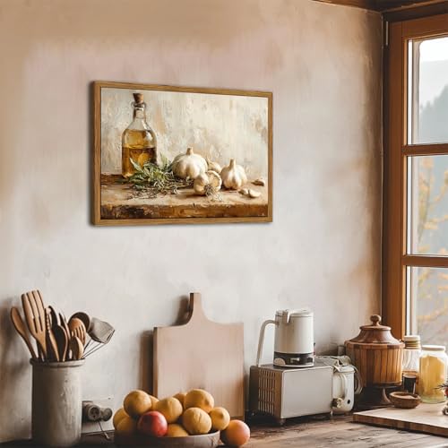 Framed Vintage Kitchen Canvas Wall Art, Rustic Garlic and Herbs Pictures Wall Decor, Neutral Still Life Paintings Prints Aesthetic Home Decor for Farmhouse Dining Room Living Room 16x24 inch - color: Garlic, size: 24"L x 16"W