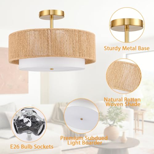 SineRise 16'' Rattan Flush Mount Ceiling Light Fixture,2-Tier Drum Hand-Woven Boho Flush Mount Ceiling Light,Farmhouse Light Fixture for Living Room,Kitchen,Bedroom Foyer Entryway ect. - color: Gold, size: Large Ceiling