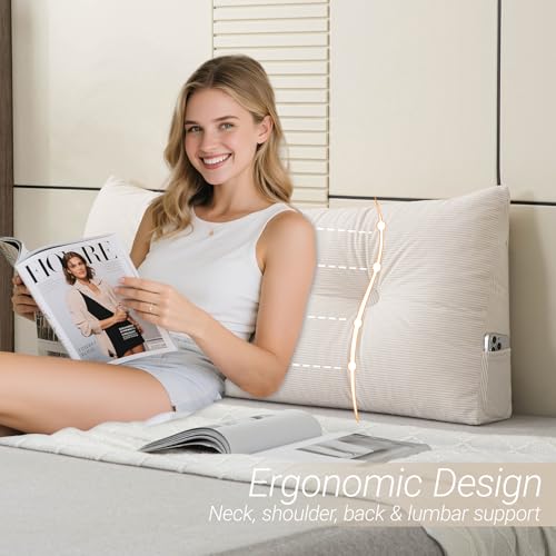 Headboard Pillow Bed Wedge Pillow for Headboard with Side Pocket Dorm Headboard Twin xl Long Back Pillow for Bed Bolster Pillow for Mattress Gap Filler White Reading Pillow for Bedroom Sofa Daybed - color: White