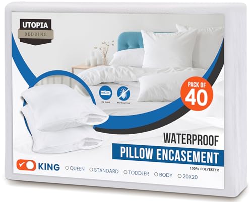 Utopia Bedding Premium 100% Waterproof Pillow Protectors with Zipper King Size (Set of 40), Bed Bug and Dust Mite Proof Zippered Pillow Covers, Pillow Encasement Cases, White - size: King (Pack of 40)