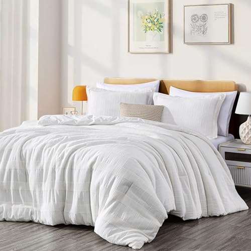Chezmoi Collection 4-Piece Clip Jacquard Cotton Comforter Set King, Boho Chic Textured Tufted Basketweave Striped Bedding with Textured Woven Pillow Cushion, White - color: Yuki White, size: King