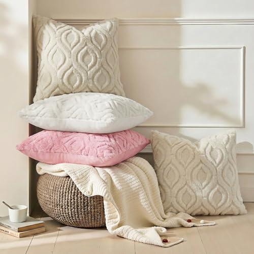 decorUhome Throw Pillow Covers 16x16 Inch Set of 2, Soft Plush Faux Wool Beige Solid Couch Pillow Covers, Accent Farmhouse Neutral Square Pillow Cases for Sofa Bed Living Room - color: Beige, size: 16" x 16" (Pack of 2)
