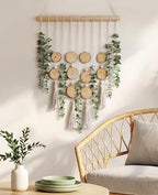 Artificial Eucalyptus Wall Hanging, Fake Greenery Leaves Stems with Wood Slices Wall Hanging Plants on Wooden Stick, Boho Wall Art Decorative for Bathroom, Living Room, Bedroom, Dining Room