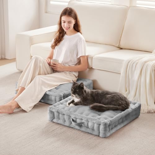 Intelligent Design Floor Pillow - Shredded Foam Filled Meditation & Yoga Cushion, Chenille Tufted, Handsewn Scalloped Edge, Oeko-TEX Certified, Azza, 24" x 24" x 5" Grey - color: Grey, size: 24"W x 24"L x 5"H