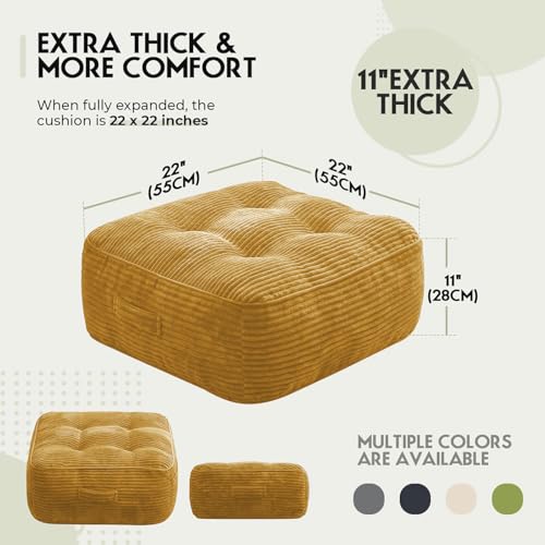 11" Thick Washable Floor Pillow for Adults, Yoga & Meditation Cushion with Handle, Square Large Pillows Seating with Removable Tufted Corduroy Cover for Tatami Living Room Board Games, Yellow - color: Yellow