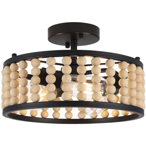 Luupyia Wood Bead Ceiling Light 3Lights, 12.79Inches Vintage Boho Ceiling Light Fixture Small Chandeliers Semi Flush Mount Mid Century Retro Overhead Lighting for Bedroom Foyer Hallway, E26