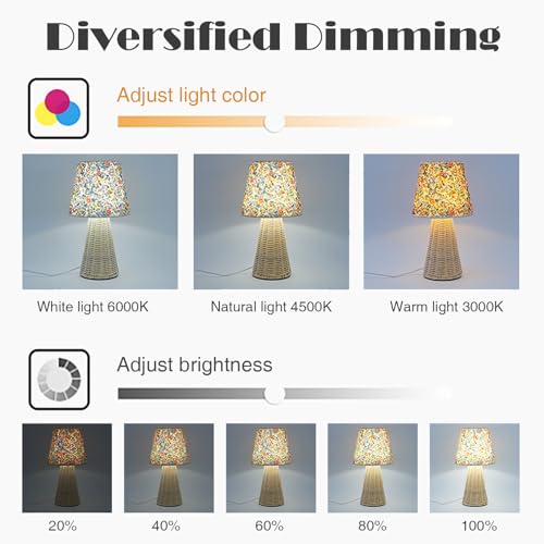 Vintage Small Wicker Lamp, Rattan Body Fabric Lampshade, Adjustable Light Color and Brightness, Power-Off Memory, Safe USB Powered, Boho Style Night Light for Bedroom Living Room (Cone-Floral) - color: Cone-Floral