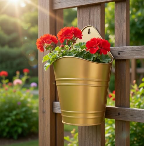 Hosley Set of 2 Gold Wall Planter with PVC Linner 6.25" L x 4" W x 10" H, Ideal Gift for Floral Arrangements Wedding Home Office Party DIY Indoor Outdoor Garden Patio - color: Gold