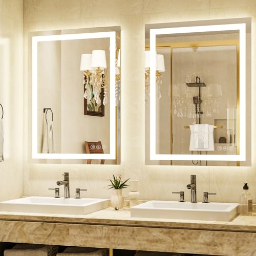 XRAMFY 32'' x 24'' LED Bathroom Mirror with Lights, Wall Mirror with Front and Backlight, 3 Colors Vanity Mirror with Lights, Anti-Fog Wall Mirror for Bathroom - size: 32"L x 24"W