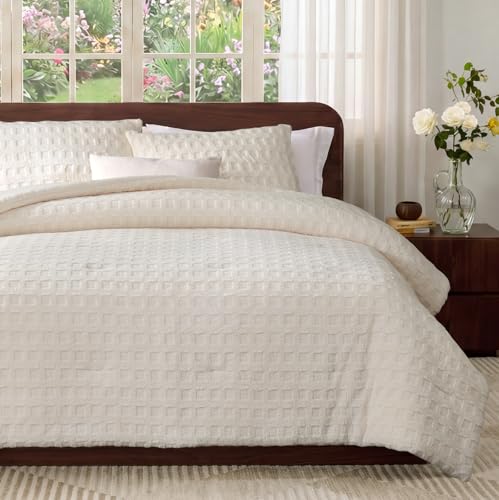 Amélie Home Fleece Comforter Set Size, Beige Waffle Textured Fleece Comforter Set, Super Warm Fluffy Plush Bedding Set, 3 Pieces,1 Cozy Comforter and 2 Pillowcases - color: Waffle Beige, size: Queen (90"x90")