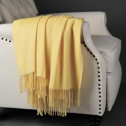 CUDDLE DREAMS Premium Cashmere Throw Blanket with Fringe, Luxuriously Soft (Yellow) - color: Yellow