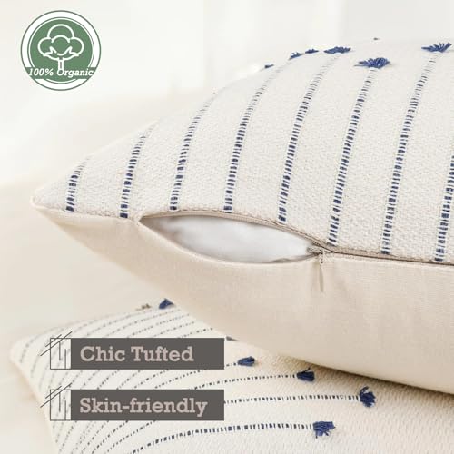 Boho Throw Pillow Covers 18x18 Set of 2,Soft Resistant Washable Outdoor | Navy Blue Textured Woven Cotton Decorative Cushion Covers with Hidden Zipper, for Couch Sofa Bed Patio Beach, Coastal Decor - color: Navy Blue, size: 18" x 18" (Pack of 2)
