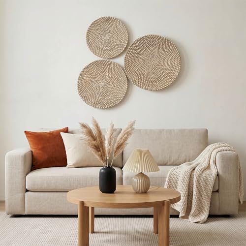 Laquedecraft Boho Wicker Rattan Plate Basket Set For Décor Hanging Wall | Large Woven Farmhouse Rustic Bohemian Art Baket Hangings For Decorative Home, Bedroom, Living Room, Kitchen, Bathroom (Classic, Natural, Set of 3) - size: Set of 3, style: Classic