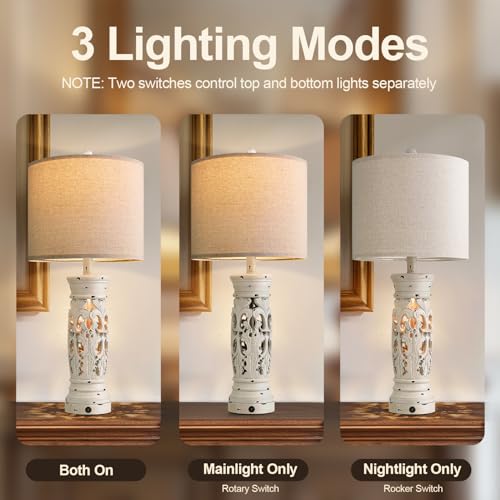 BOBOMOMO 27.25” Farmhouse Table Lamps Set of 2 – Antique White Bedside Lamps with Night Light & USB A+C Ports, Vintage Lamps for Bedroom, Living Room, Entryway, Console Table (Bulbs Included) - color: Antique White