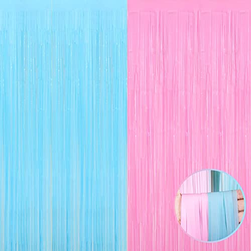 4 Pack Macaron Pink Blue Foil Fringe Curtain Backdrop, 3.28Ft x 8.2Ft Metallic Tinsel Foil Fringe Streamers for Photo Booth, Wedding Gender Reveal Backdrop Boy or Girl Birthday Party Decoration - color: Blue,Pink