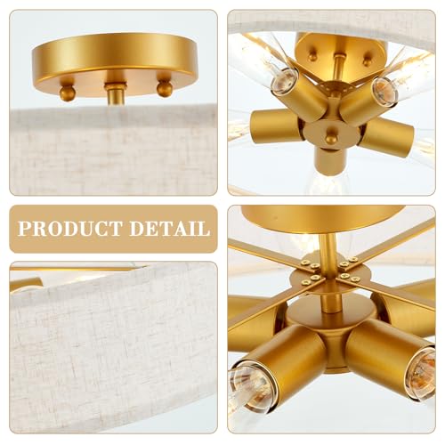 VILUXY Gold Semi-Flush Mount Ceiling Light Fixture 24" Large Modern Ceiling Light with Linen Fabric Drum Shade 5-Light Round Ceiling Lamp for Bedroom Dining Room Entryway - color: Gold&Linen