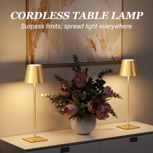 Kakanuo Gold Cordless Rechargeable Table Lamp 5000mAh Battery Operated Lamps, 3 Colors Stepless Dimming Touch Lamp for Living Room, Kitchen Counter, Dining, Outdoor Patio, 2 Pack - color: Gold 1, size: 2 Pack 14in - Up and Down Light